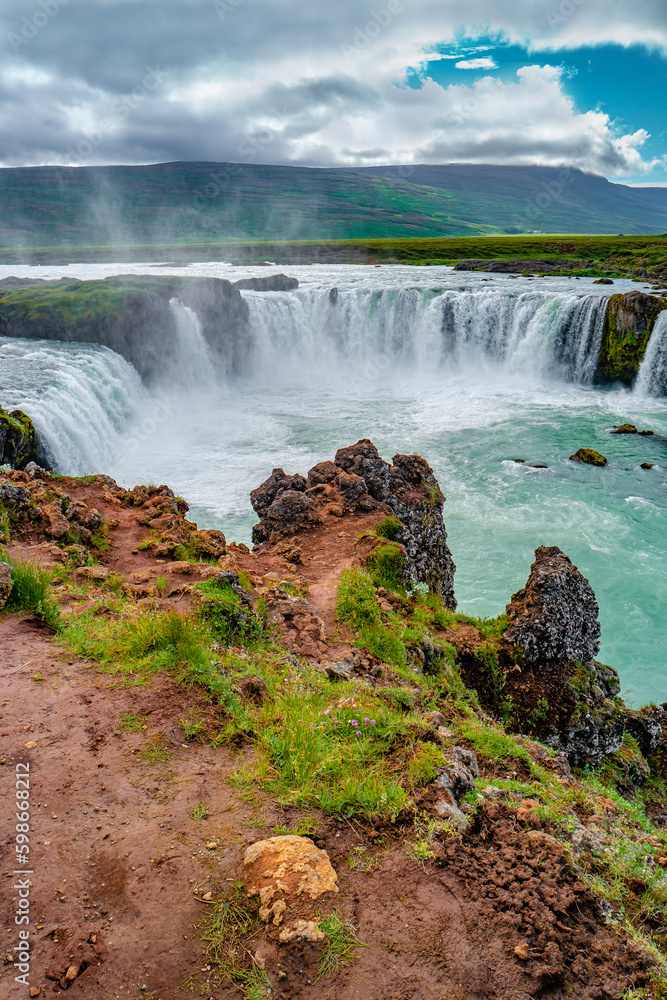 Wonderful and high Icelandic Godafoss waterfall at summer, Iceland