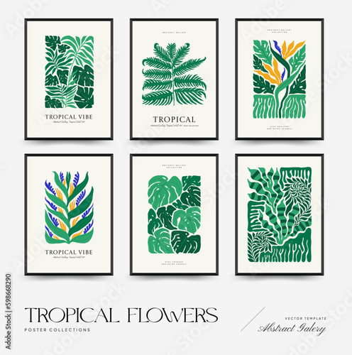 Abstract floral posters template. Modern trendy Matisse minimal style. Tropical jungle. Hand drawn design for wallpaper, wall decor, print, postcard, cover, template, banner. 