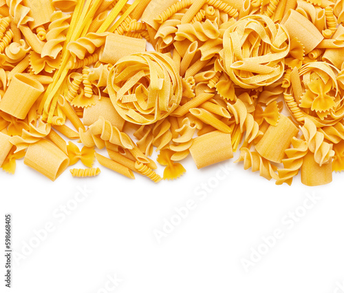 Border of different type of pasta and noodles isolated on white background