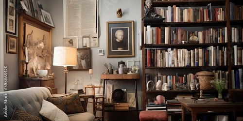 A cozy living room corner once cluttered with knick - knacks now displays a well - organized collection of books and cherished mementos, concept of Minimalism, created with Generative AI Generative AI photo