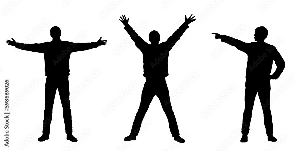 drei Silhouetten einer männlichen Figur: Mann zeigt mit dem Finger, hebt die Arme nach oben, streckt die Arme zur Seite, freistehend auf weißem Hintergrund