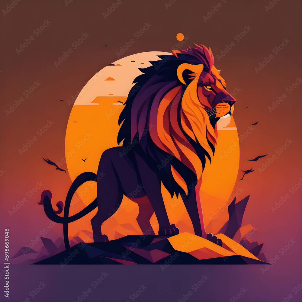 A design of a lion, sunset design, t- shirt art, 3D vector art