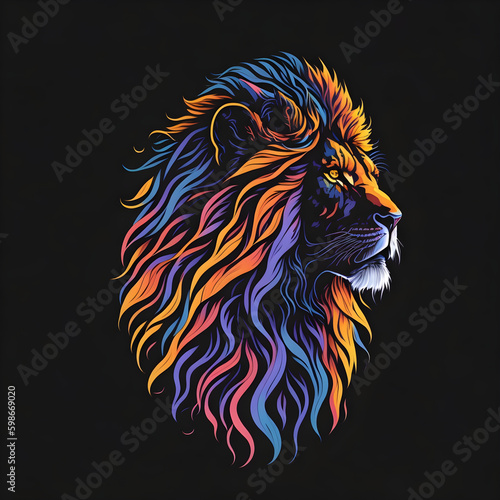 A design of a lion  sunset design  t- shirt art  3D vector art  cute and quirky  bright bold colorful.  black background  watercolor effect    digital painting