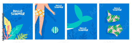 hello summer season 4 poster with  seaman,whale and bikini , vector , illustration