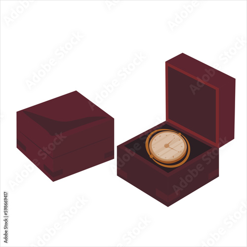 An old marine chronometer in a wooden case. Antique compass maritime navigation equipment. Vector marine guide orientation instrument with dial and arrows. Isolated on a white background.