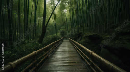 bridge in the bamboo forest on a rainy warm summer day. drizzle and fog.Generative AI Generative AI