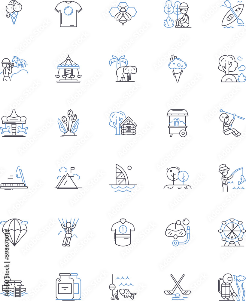 Warm season and recreation line icons collection. Summer, Outdoors, Beach, BBQ, Hiking, Camping, Swimming vector and linear illustration. Boating,Fishing,Picnic outline signs set Generative AI Warm season and recreation line icons collection. Summer, Outdoors, Beach, BBQ, Hiking, Camping, Swimming vector and linear illustration. Boating,Fishing,Picnic outline signs set Generative AI