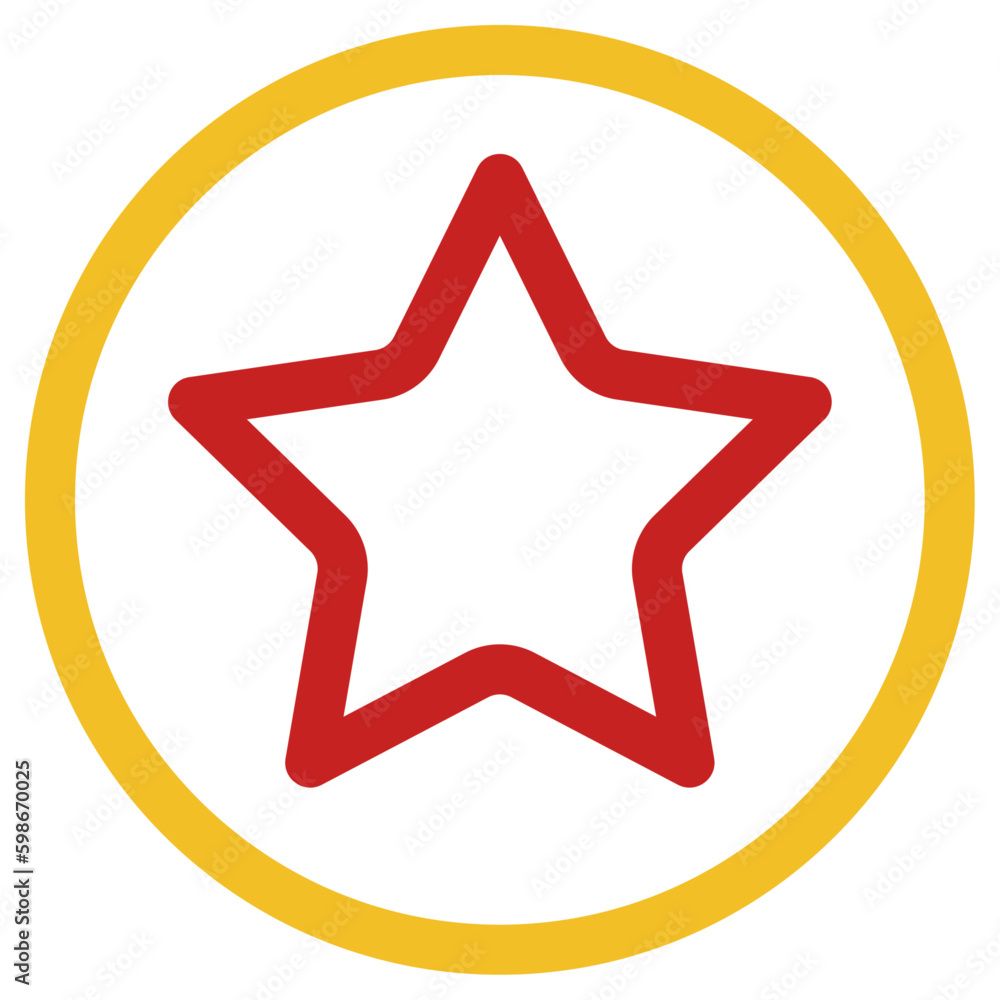 Red color outline star icon with yellow circle, flat style vector illustration for mobile, app, web, UI, game, logo, stamp, sticker, label, agenda, lazer engrave model symbol with isolated background. Red color outline star icon with yellow circle, flat style vector illustration for mobile, app, web, UI, game, logo, stamp, sticker, label, agenda, lazer engrave model symbol with isolated background.