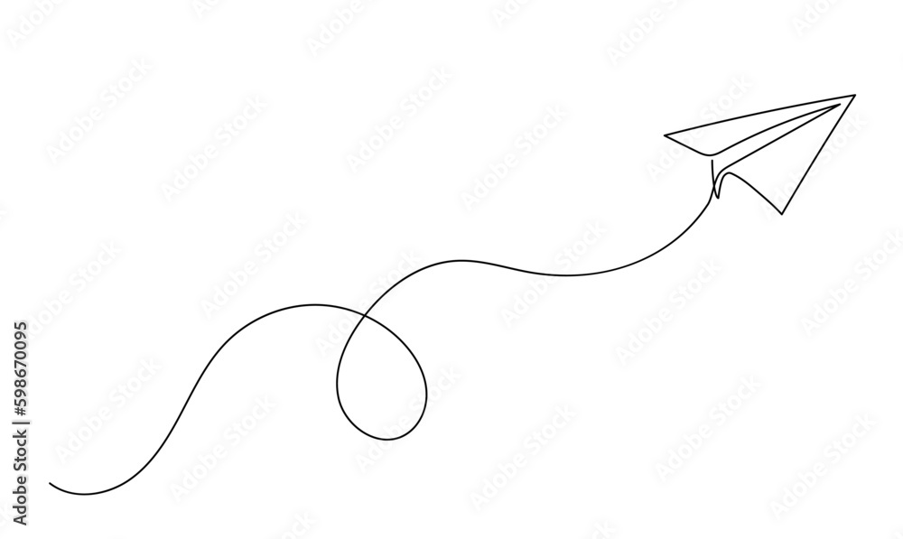 Obraz premium Continuous line paper plane, airplane vector art background. Abstract doodle email, mail plane, travel dream concept air. Business trip Vector abstract illustration flying ship in sky.