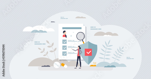 Medical check up and health care diagnosis examination tiny person concept. Disease and illness prevention with early diagnostic information vector illustration. Clinical specialist Generative AI