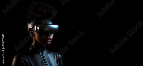 AI artificial intelligence woman - wearing VR glasses virtual global world internet connection and a new experience in the future metaverse. Metaverse technology concept  innovation of the futuristic.