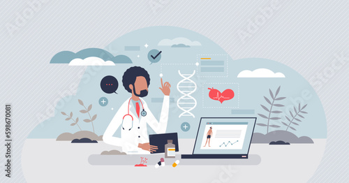 Medical technology and modern software for patient diagnosis tiny person concept. Checkup using high tech apps for body health examination vector illustration. Professional doctor Generative AI