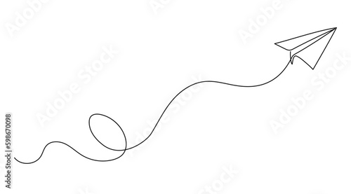 Continuous line paper plane, airplane vector art background. Abstract doodle email, mail plane, travel dream concept air. Business trip Vector abstract illustration flying ship in sky.