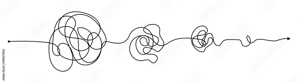 Vector psychotherapy complex chaos mess and order path. Messy drawn sketch purpose simple ball concept scribble. Chaos knot line psychotherapy continuous vector illustration art. - obrazy, fototapety, plakaty 