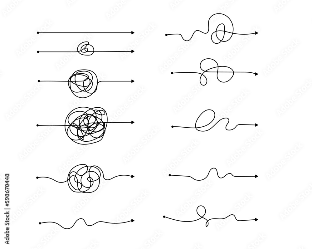 Vector psychotherapy complex chaos mess and order path. Messy drawn sketch purpose simple ball concept scribble. Chaos knot line psychotherapy continuous vector illustration art. - obrazy, fototapety, plakaty 