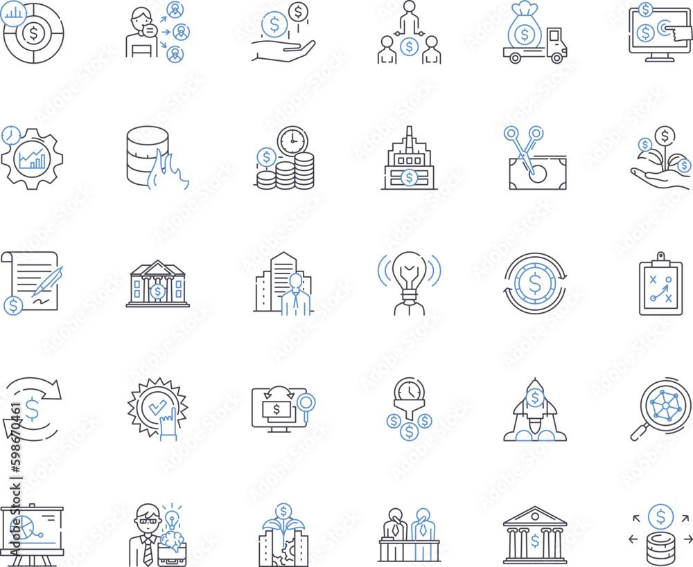 Trading company line icons collection. Investment, Stock, Forex, Commodity, Trading, Brokerage, Futures vector and linear illustration. Equity,Portfolio,Options outline signs set Generative AI