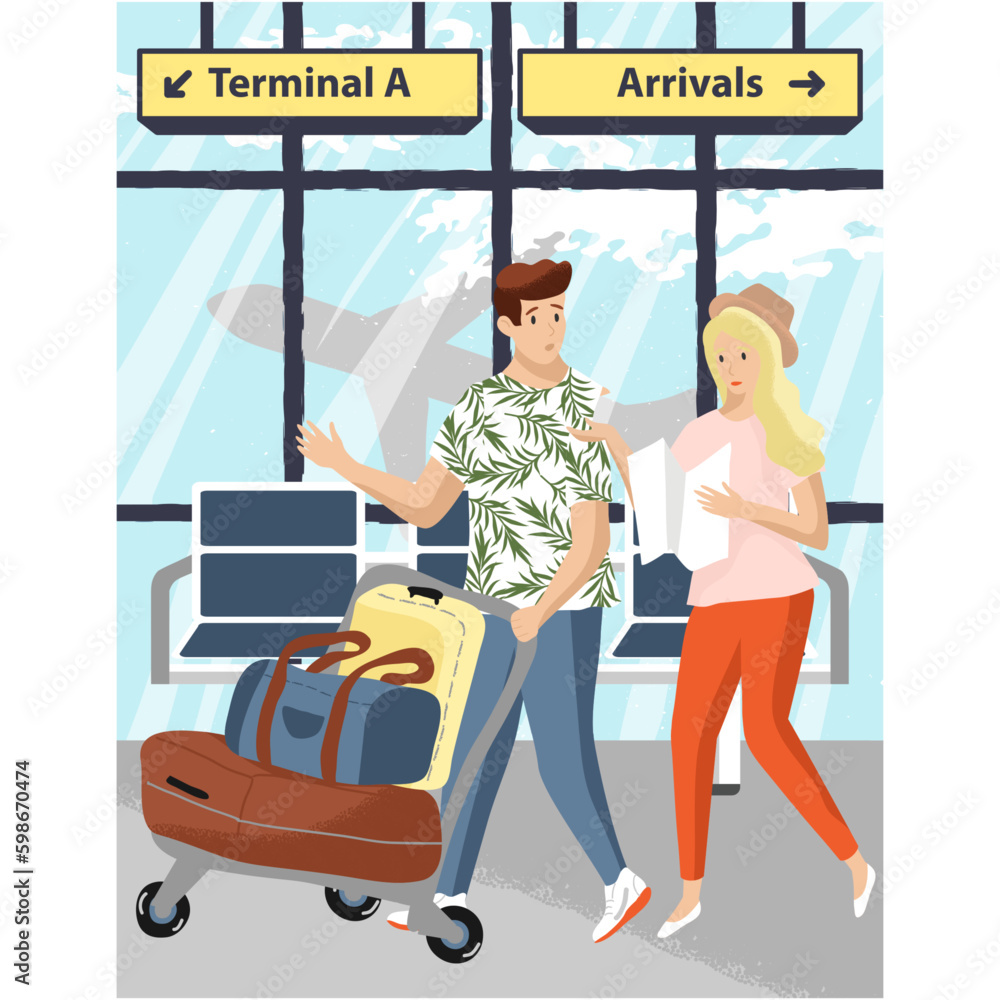 Travel couple vector people with bags at terminal