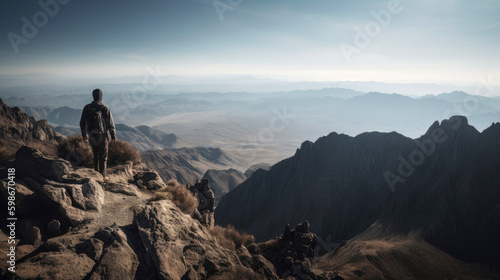 Adventurer standing on top of a mountain peak. Generative AI