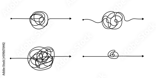 Vector psychotherapy complex chaos mess and order path. Messy drawn sketch purpose simple ball concept scribble. Chaos knot line psychotherapy continuous vector illustration art.