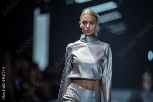 Beautiful fashion model wearing futuristic clothes in a fashion show week. Generative AI