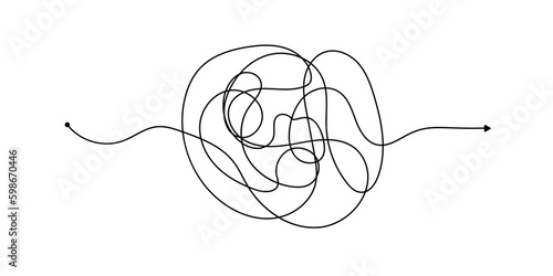 Vector psychotherapy complex chaos mess and order path. Messy drawn sketch purpose simple ball concept scribble. Chaos knot line psychotherapy continuous vector illustration art.