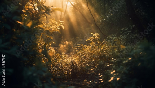 Sunlit autumn forest  leaves crunch underfoot generated by AI