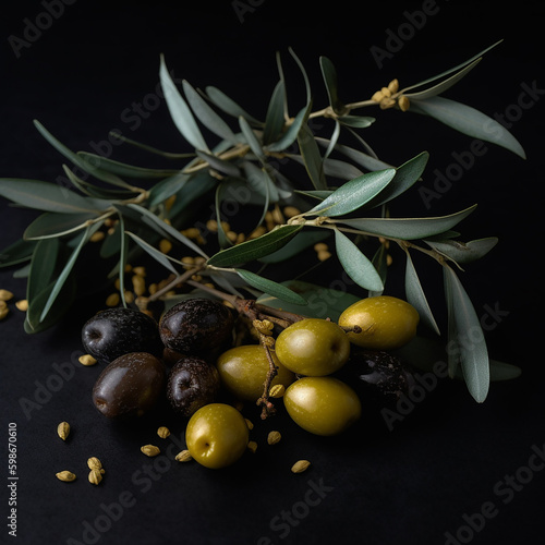 Olive branch with yellow, green and black berries close-up isolated on black, lovely food background for advertising olive products, ai generative