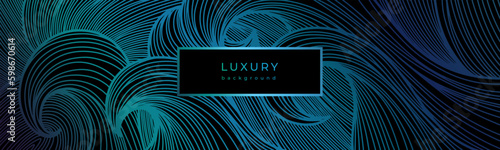 Luxury wavy linear banner. Shiny blue waves on black background. Swirl pattern. Template with gradient lines. Decorative stormy sea, ocean. Curved lines. Water texture