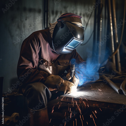 The work of the welder close-up, the worker welds the metal, a bright flash, ai generative