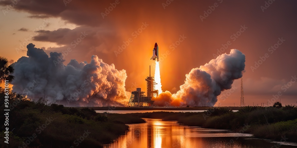 AI Generated. AI Generative. Photo realistic illustration of rocket shutle ship nasa launching. Adventure space travel explore vibe. Graphic Art