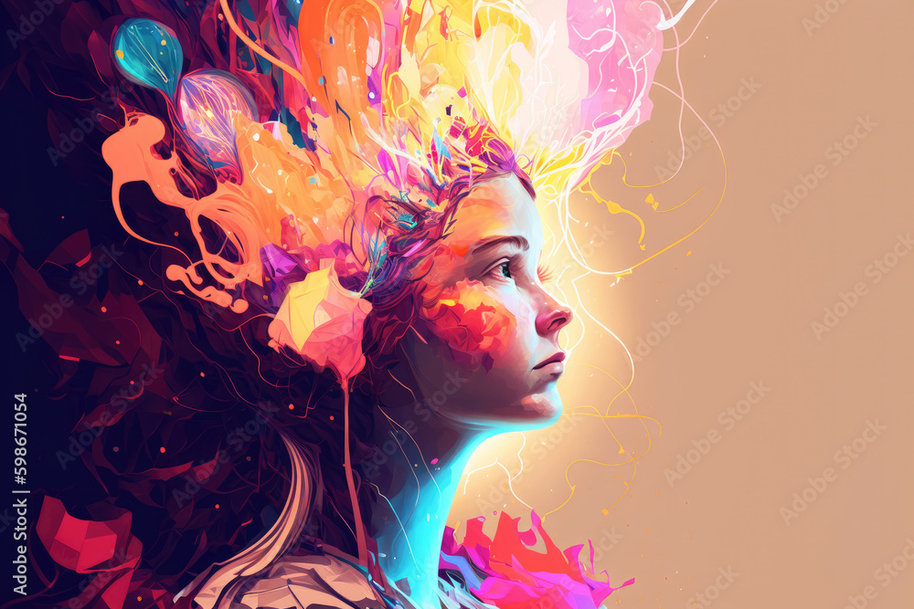 Beautiful woman abstract portrait with splash of paints. Creative mind, idea concept. Banner with copy space for text. Colorful creative illustration. Generative AI.