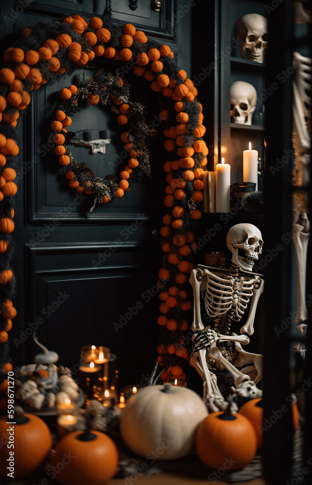 A skeleton sitting in front of a wreath of oranges. AI generative.