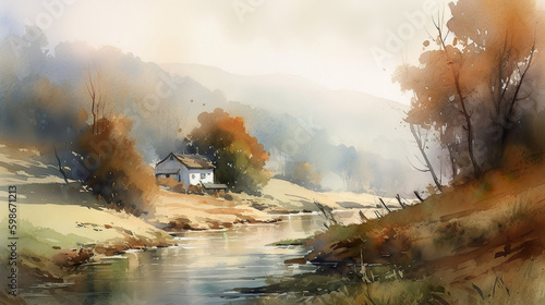 Peaceful countryside scene with rolling hills and a cabin at a small tranquil river, water color painting, generated with AI © Harald