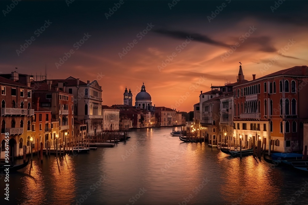 Panoramic night view at Venice, Italy, created with generative AI