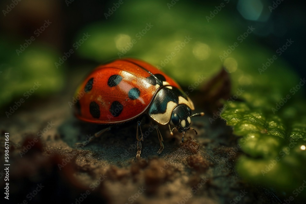Ladybug on the leaf with water drops, created with generative AI Ladybug on the leaf with water drops, created with generative AI