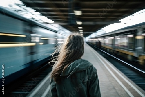 Rear view at young woman at train station with fast moving trains, created with generative AI