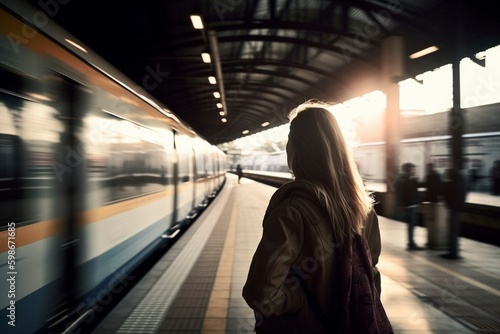 Rear view at young woman at train station with fast moving trains, created with generative AI