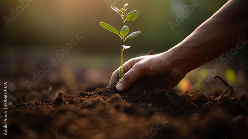 Hand holding plant in the garden