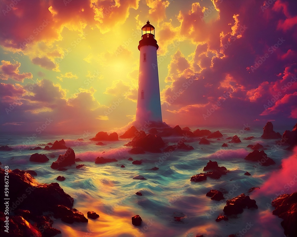 Lighthouse On The Coast With A Beautiful Sunset - Realistic Illustration