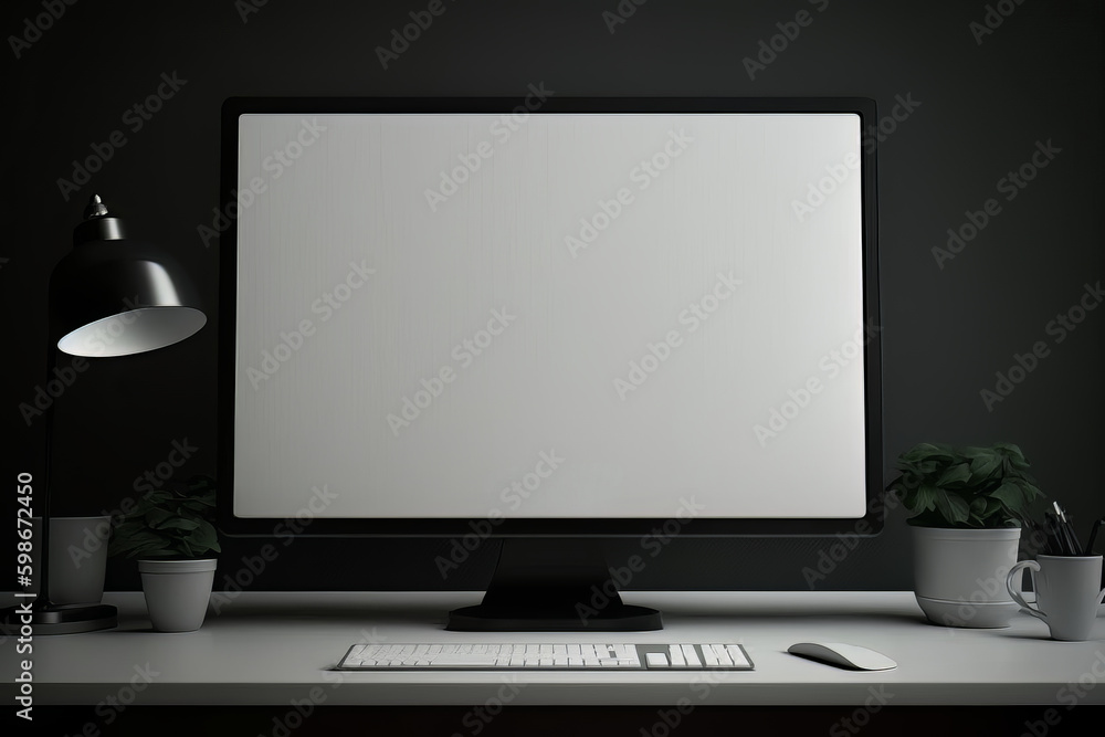 lcd monitor with white blank screen. modern office desk interior. mock up template.