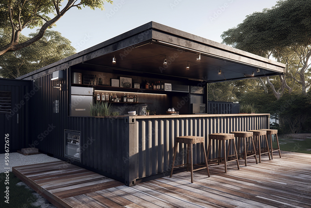 Modern home design, backyard bar area made with shipping containers. Modern home design, backyard bar area made with shipping containers.
