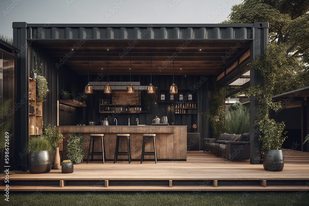 Modern home design, backyard bar area made with shipping containers