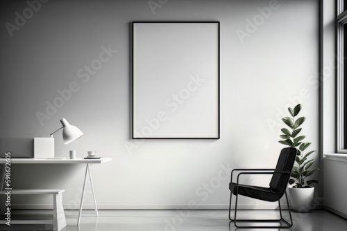 interior of a room with a chair. blank picture frame on wall. mock up template.