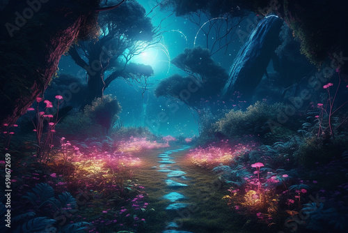 Colorful bioluminescence plants in forest, crystals and glowing path, fireflies.