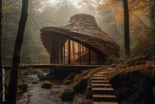 Stunning futuristic chicken nugget house, magical misty forest environment.