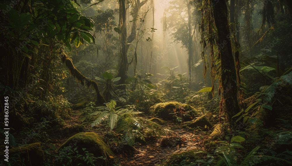 Tranquil scene of growth in tropical rainforest generated by AI