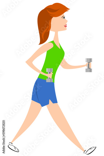 Woman walking with dumbbells