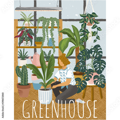 Woman work at greenhouse flat vector illustration