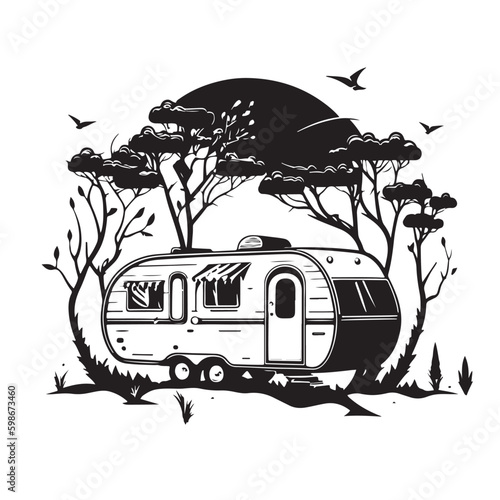 a traditional caravan vacation concept. 
Isolated on white background. Black in color. Picture drawn on a single line art.