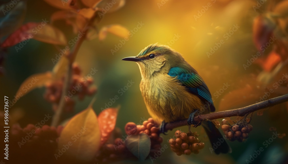 Songbird perching on branch, close up view generated by AI